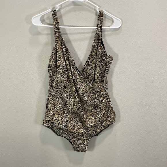 Miraclesuit swimsuit onepiece black with tan goldish circles‎ - Picture 1 of 7